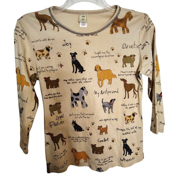 Jess & Jane Small All Over Dog Print Top Shirt, Tan, 3/4 Sleeve, Cotton - Picture 1 of 4